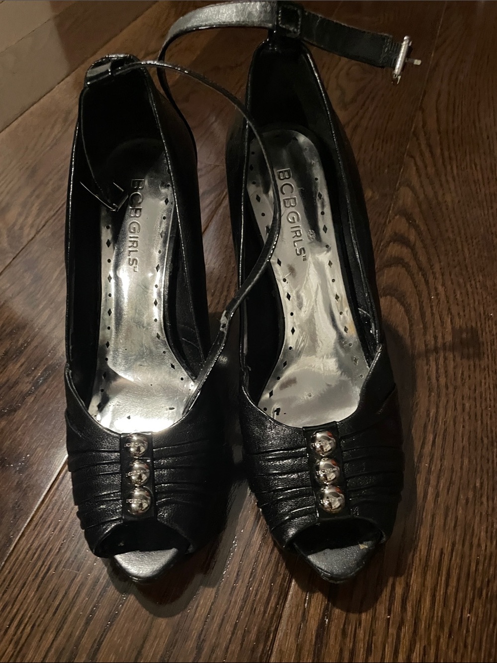 BCBGirls Black Peep-Toe Ankle Strap Heels with Metallic Studs
